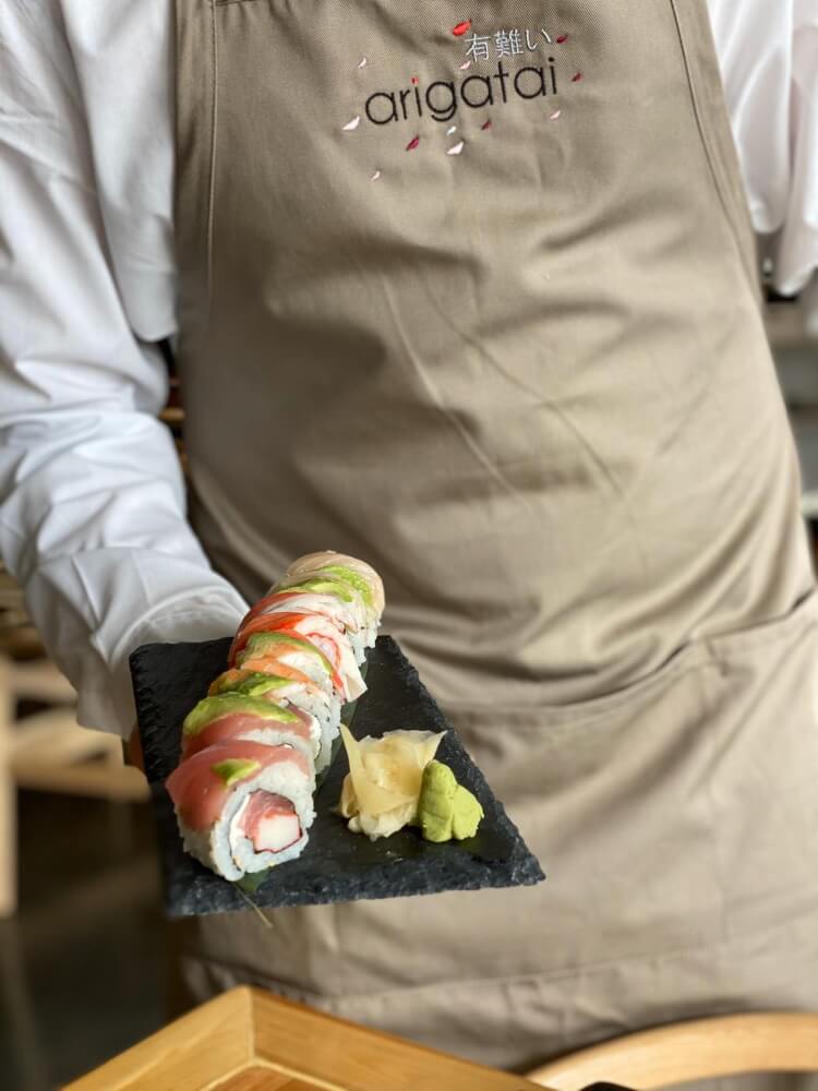 TUNA LOVERS ROLL in North Miami, Florida - Tuna, crabstick and cream cheese topped with tuna, crabstick, white fish, shrimp and avocado - Arigatai Sushi Restaurant